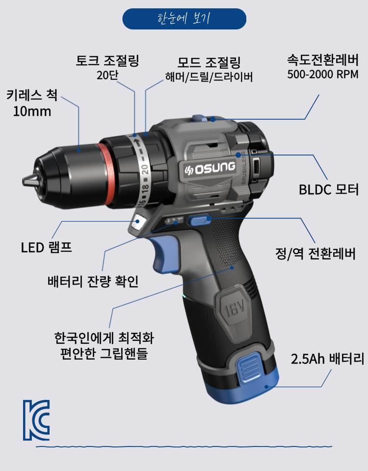 오성 16V 건타입 해머드릴 드라이버 OGH-1657KL 25S [1 BAT] + OMC-1615G + PLASTIC BOX