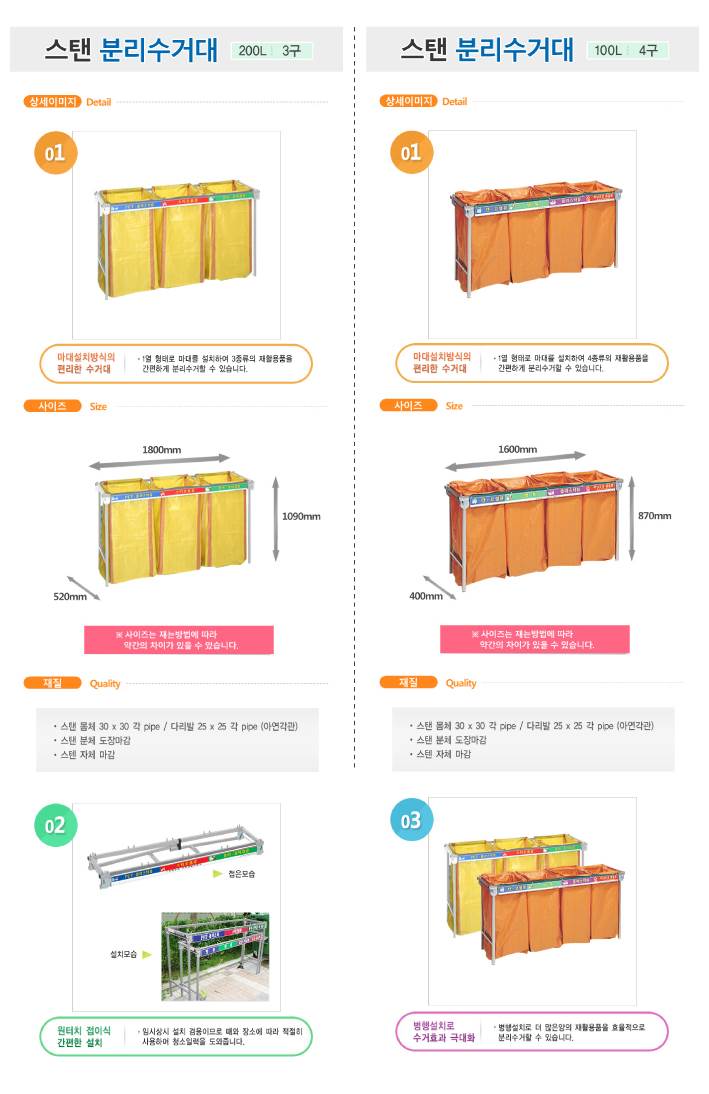 스피트스텐분리수거대 100L 4구 (1600*400*870) 주문제작